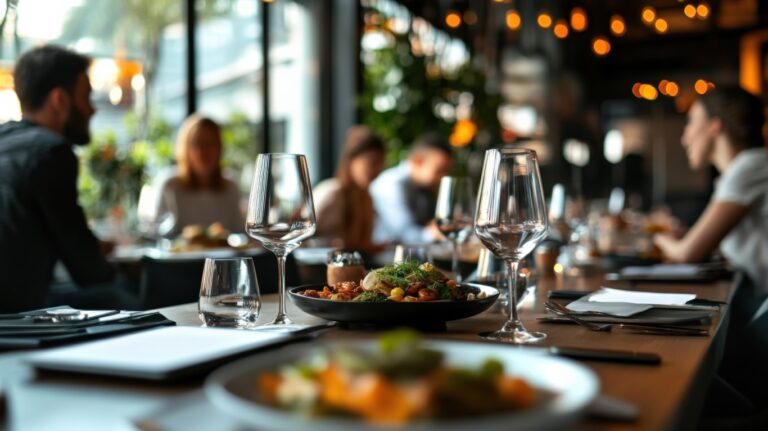 Empty wine glasses and a gourmet meal are set on a restaurant table, creating a sophisticated and inviting dining atmosphere, while in the background, people enjoy their meals and conversations
