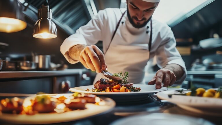 A chef meticulously plating a gourmet meal in a professional kitchen.