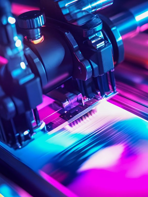 A close-up shot of a vibrant printing machine in action, showcasing the interplay of colorful lights and intricate machinery. Perfect for technology and industrial themes.