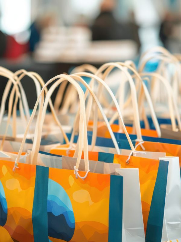 A stack of promotional shopping bags with eye-catching logos, ready for giveaway at a bustling trade show