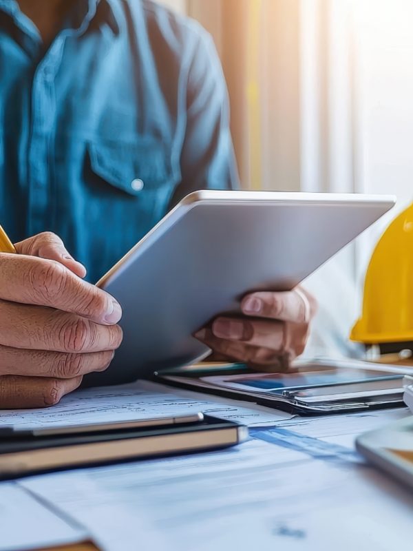 A professional worker actively engages with a tablet to plan a construction project. The scene captures the essence of modern project management in a dynamic office environment.