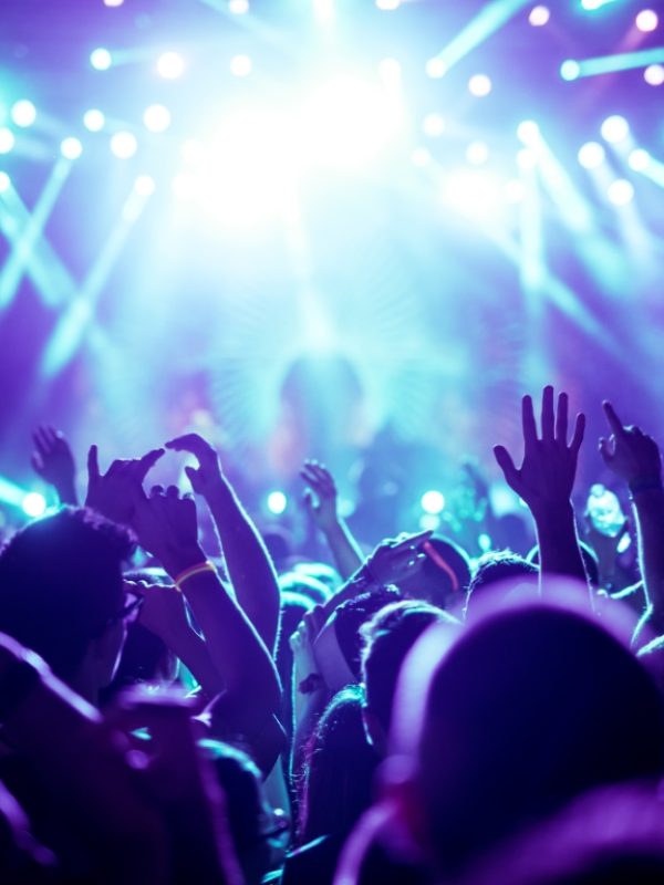 Crowd raising their hands and enjoying great festival party.