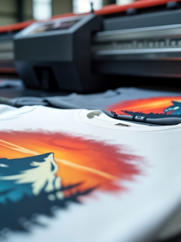 T-shirts printed with modern machine. Digital printing process seen in action on blank t-shirts. Sunrisesunset design applied to white, grey shirts. Production facility clean well-organized.