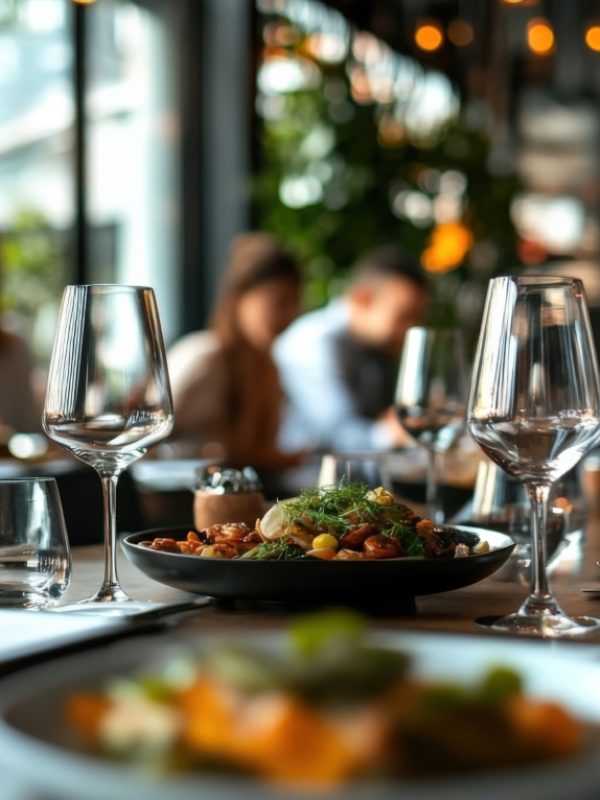 Empty wine glasses and a gourmet meal are set on a restaurant table, creating a sophisticated and inviting dining atmosphere, while in the background, people enjoy their meals and conversations
