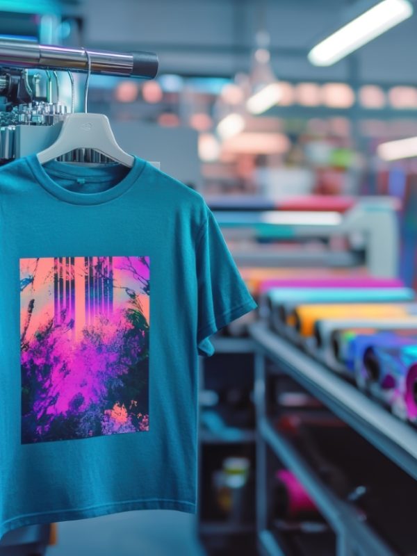 A vibrant teal t-shirt with a striking pink and purple graphic design, displayed in a colorful fabric printing shop full of various textile rolls. Perfect for apparel design inspiration.