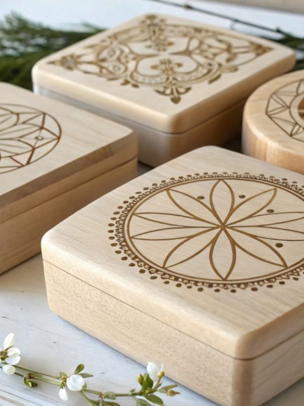Explore a set of four decorative wooden boxes featuring intricate laser engravings. These unique storage solutions enhance any home decor with their artistic designs and natural charm.