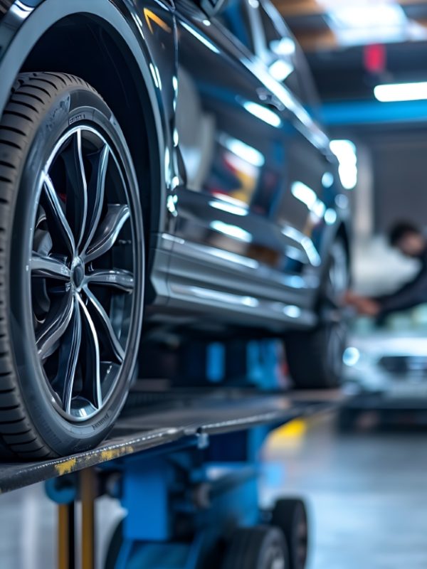 The mechanic is changing the tires of an SUV on a lifting platform in a modern auto repair shop, with a focus on the wheel and a profile view of the vehicle. The background is blurred, showing the interior of the garage. This is a with 2/3 of the space available for text.