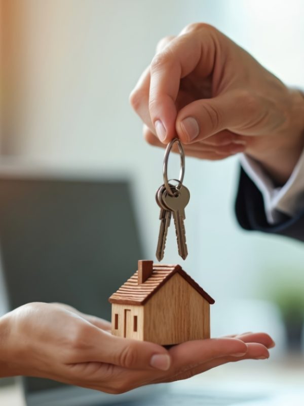 Real estate agent gives house keys to new homeowner. Property deal, mortgage loan, buying selling house, relocation, property investment. Hand key transfer transaction. Homeownership business.