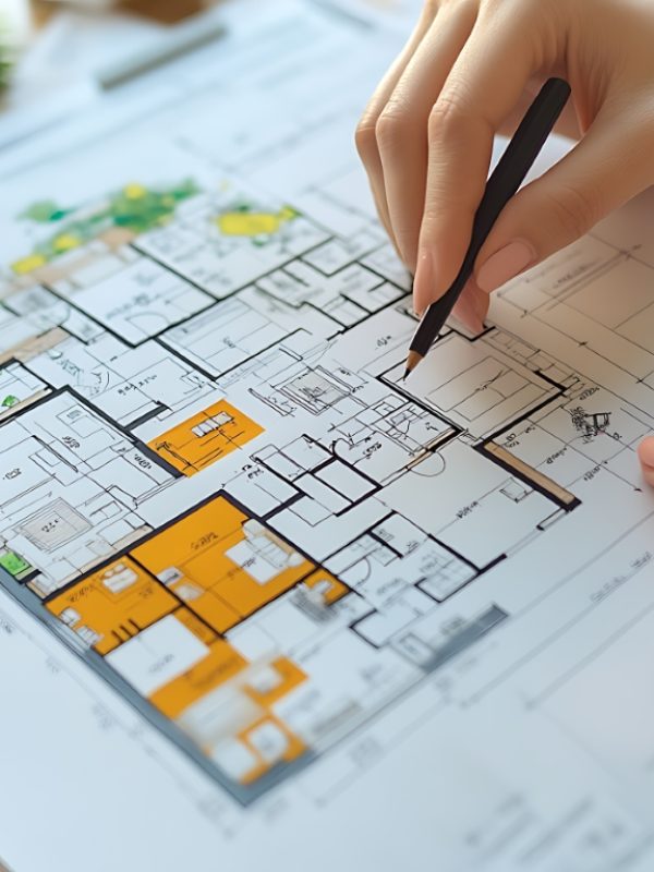 Close-up of hands meticulously drawing a detailed home floor plan on a large sheet of paper.