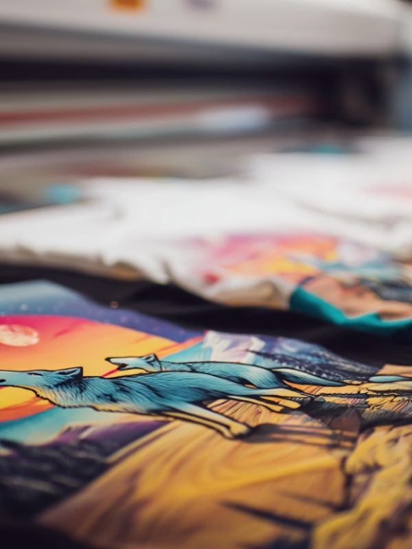 Digital Textile Printing: Vibrant Designs on Fabrics with Wolves at Sunset, Creating Custom Apparel with DTG Technology