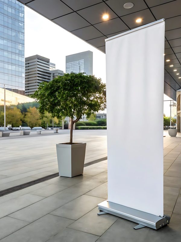 Customizable rollup banner mockup on isolated white background. Ideal for exhibitions, trade shows, advertising, business branding, marketing events, indoor or outdoor commercial display presentations