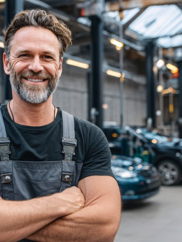 A cheerful man in work uniform stands confidently in a modern car repair shop. He smiles warmly, showcasing his skills and passion for automotive service.