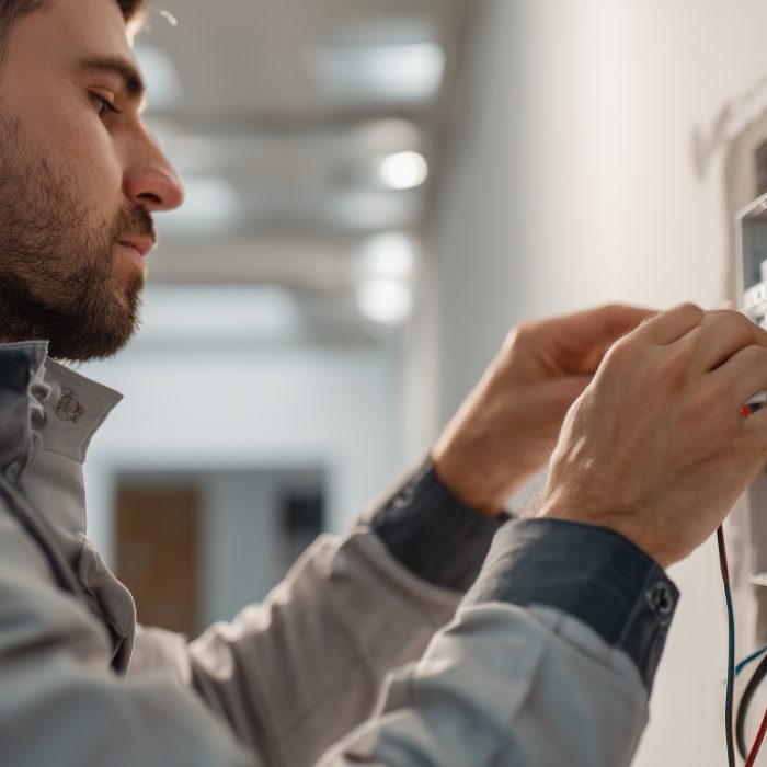 134 Minimalistic shot photo of an electrician in a work jacket, installing a new electrical panel in a commercial space. The panel is mounted on a drywall surface, and the electrician is carefully connecting the circuits. The background is simple, with minimal decoration and visible cables. The lighting is bright and clear, ensuring the focus is on the precision of the work. --ar 2:1 --raw --v 7 Job ID: d14c7b23-392e-4c3d-8b92-b443770c8ea5