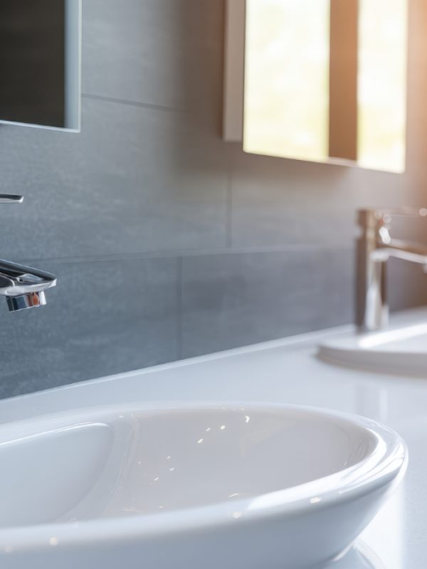 Modern bathroom with chrome faucets and white sinks under sunlight. Elegant and clean interior design