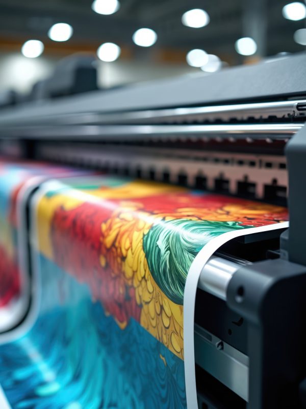 Industrial large format inkjet printer producing vibrant colorful prints on various media like fabric, PVC, paper. High-speed technology for creating billboards, posters, banners graphics with sharp