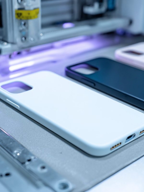 Phone cases printing UV light process in a manufacturing plant.