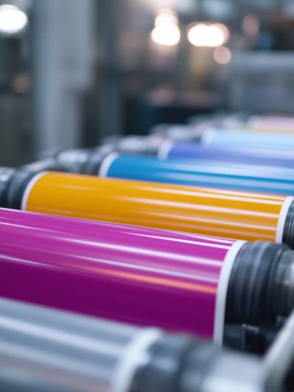 A high speed offset printing press with multiple color units is shown in full operation producing vibrant magazine spreads. The synchronized ink rollers and precision registration