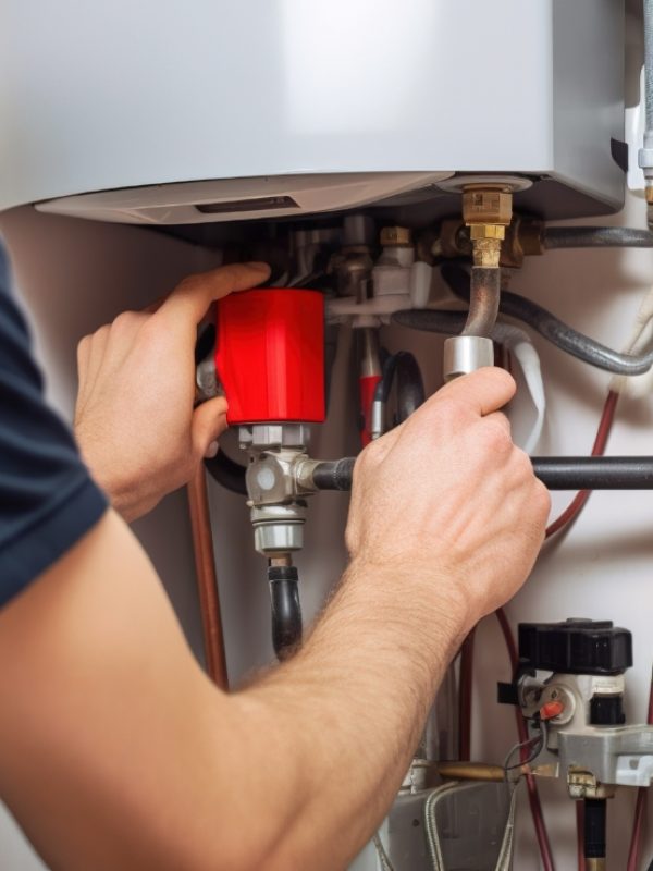 Hydraulic mechanic installer repairs an electric water heater in a house