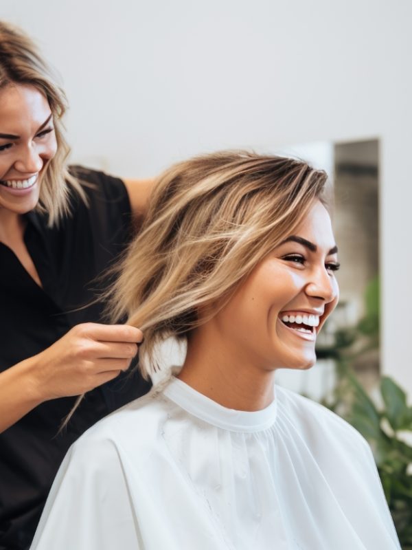 selective focus of hairdresser cutting hair of happy woman in beauty salon