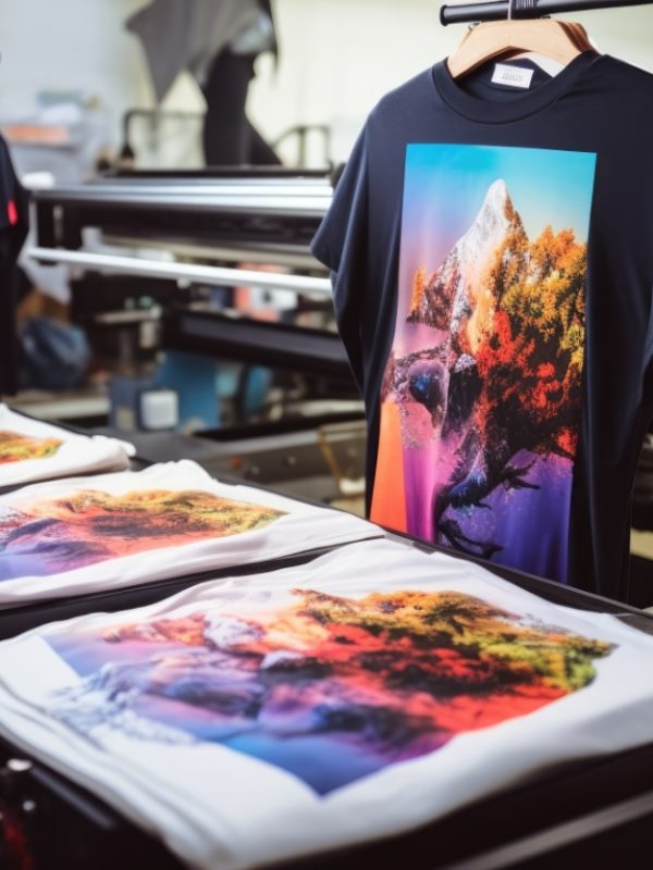 T-Shirt Printing Machine. Innovation shirt and textile printer machine. Production. Printing on fabric. AI