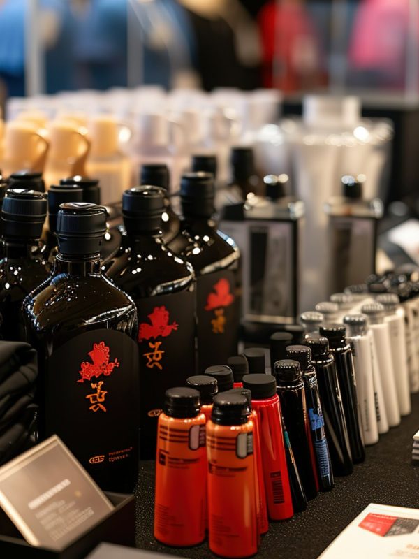 A selection of promotional merchandise, including branded shirts, bottles, and other items, neatly displayed on a table at a corporate event.