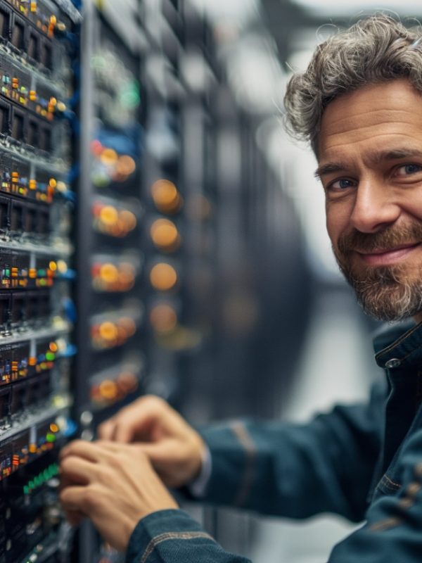 A man, an elektroniker, is diligently working on a server in a busy data center. Various wires, cables, and computer equipment surround him as he focuses on his tasks