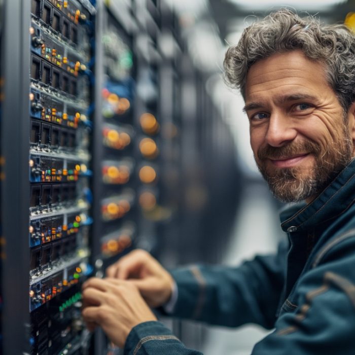 A man, an elektroniker, is diligently working on a server in a busy data center. Various wires, cables, and computer equipment surround him as he focuses on his tasks