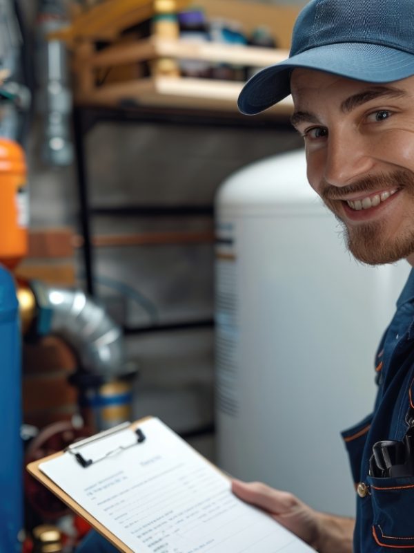 A smiling technician in a blue uniform and cap servicing a home water heater system, holding a clipboard and pen, portraying professionalism, maintenance work. Generative AI.