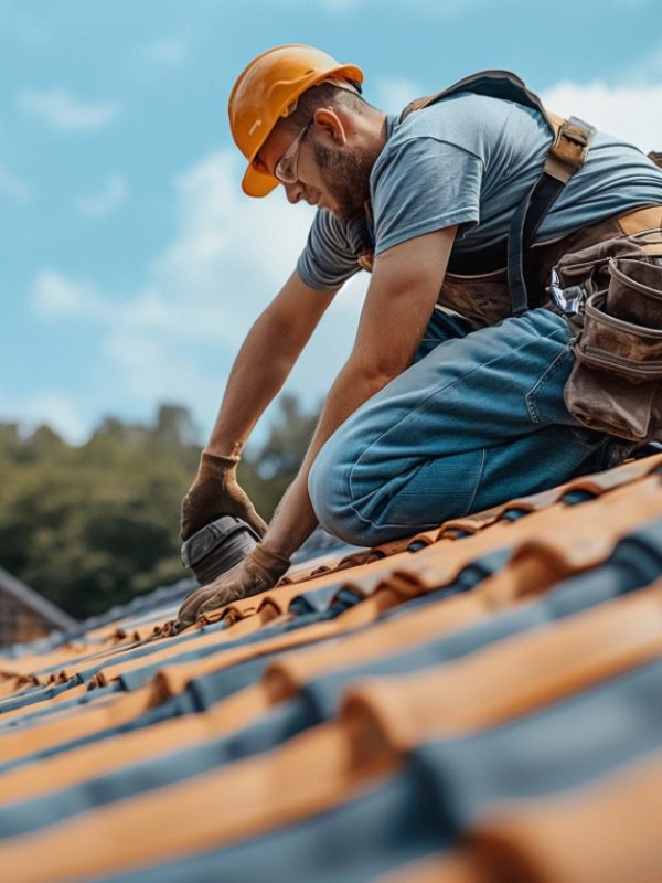 A roofer working on the roof repair of a home